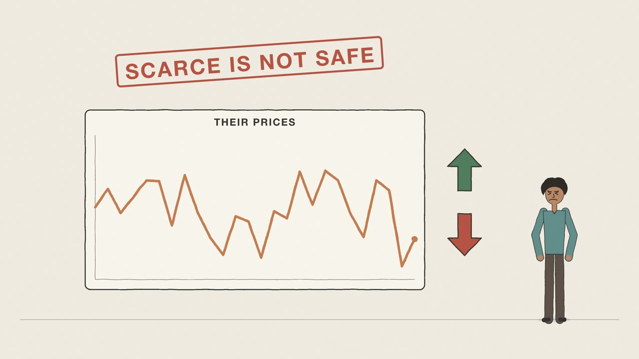 Can prices fall? Gold, land and scarce things: a frame from the cartoon
